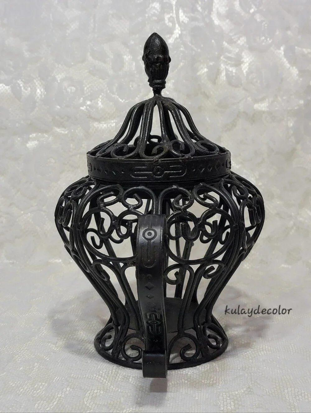 Filigree Style Wrought Iron Teapot Lantern Candle Holder Black Scroll Home Decor
